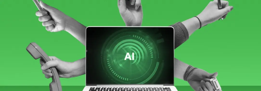 An image of a laptop with 'AI' screen, hands holding wrench, phone, magnifier, pen, and vaccine vial on green background.