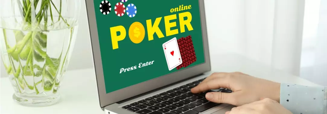 A woman playing poker online. A plant is in a vase next to the laptop.  Poker is in yellow against a green background.