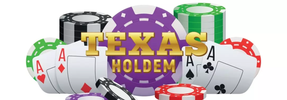 An illustration of stacks of plastic poker chips and four aces isolated on a white background with Texas Holden in gold text