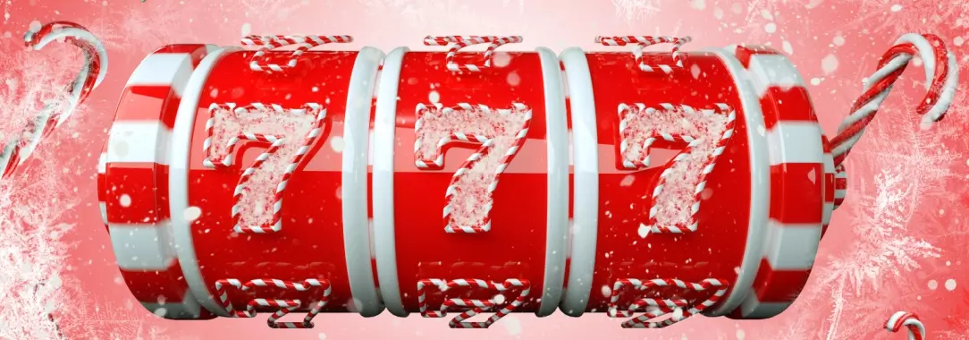 An illustration of a red and white 3 barrel slot styled as candy cane on a festive frosty background 