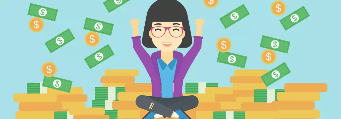 A vector illustration of a smiling woman sitting cross legged throwing money around