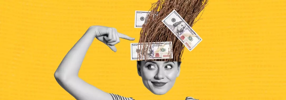 A collage of a woman’s head with dollar notes in her spiked hair and a disjointed body with a hand pointing at the head