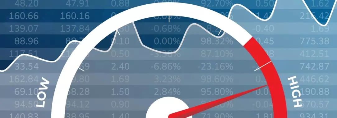 An illustration of a volatility index graph against a blue financial market background pointing at high