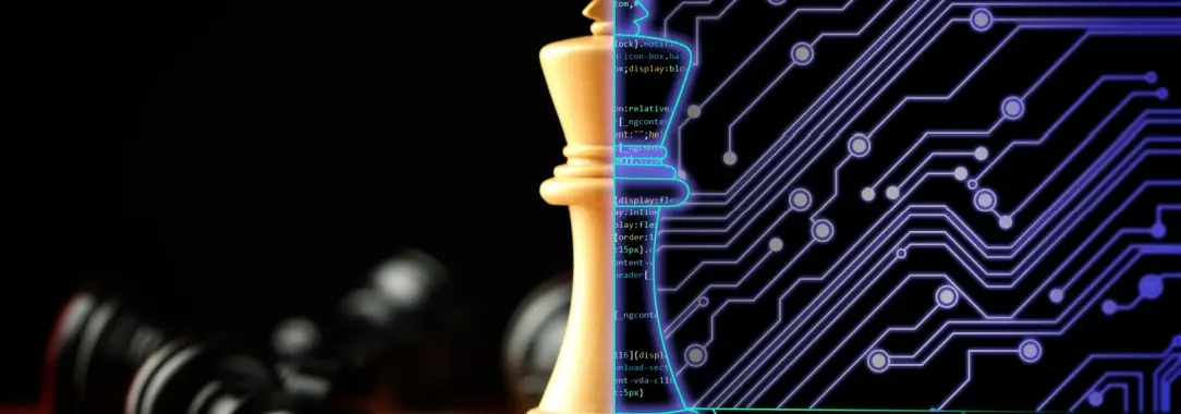 An image of a chess piece, one half on chessboard, the other filled with programming code on digital board 