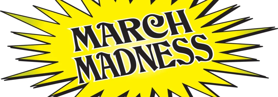 An illustration of a yellow starburst banner design with the words 'March Madness', isolated on white