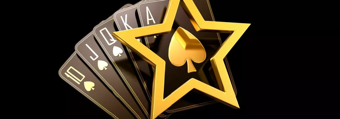 A 3D illustration of black cards displaying a royal flush in spades with a gold star in front of it on a dark background 