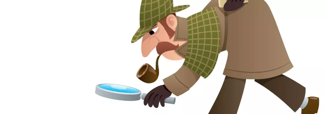 A cartoon-style illustration image of Sherlock Holmes smoking a pipe and following footprints with his magnifying glass