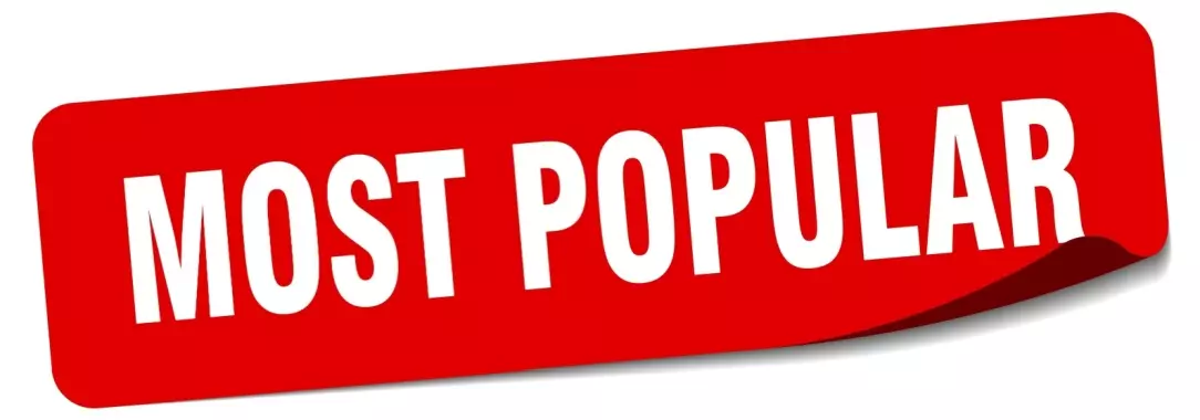 An illustration of a red sticker with the words ‘most popular’ in white letters, isolated on a white background