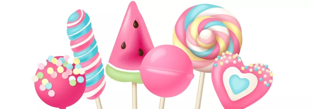 A vector illustration of 5 different shaped and coloured lollipops isolated on a white background