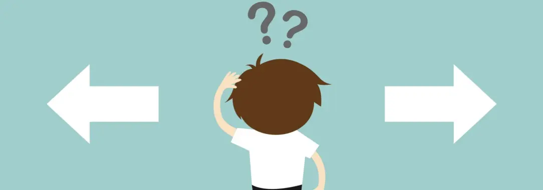 A 2D illustration of a male character between two arrows with question marks above his head against a teal background