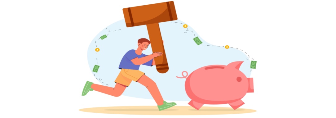 A vector image of a man holding a large mallet chasing a pink piggy bank with bank notes, coins swirling around
