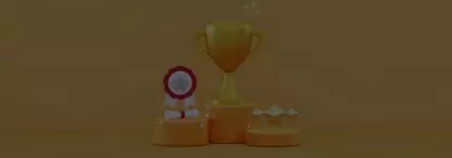 A 3D image of a winners podium with a golden tournament cup in first position on a yellow background