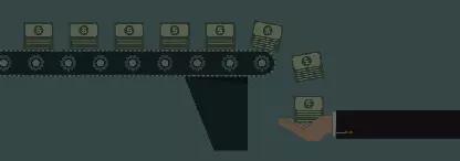 A 2D illustration of wads of bank notes on a conveyer belt falling into a man’s outstretched hand on a turqoise backround