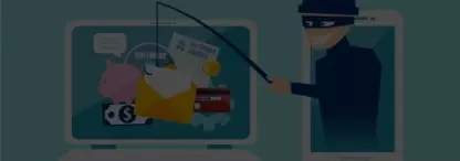 An illustration of a phishing scam concept with a crook holding a fishing line reaching to a laptop from a mobile phone 