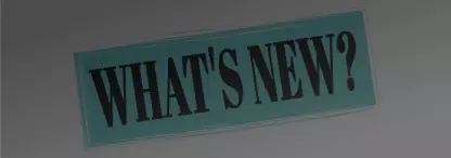 The text ‘What’s New?’ in black on a blue rectangle with a brushstroke finish, on a white background