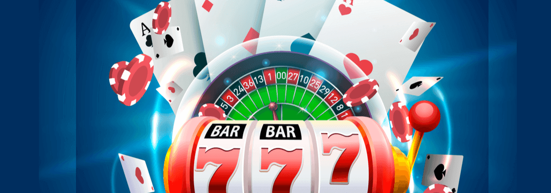 slot reels and a roulette wheel with cards flying around