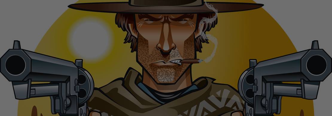 caricature of a cowboy with both guns drawn - double draw.